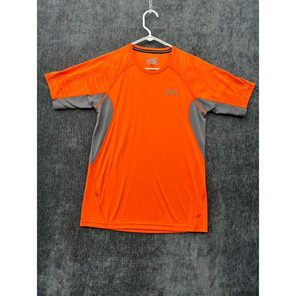 Under Armour Heatgear T Shirt Mens Small Orange Coldblack Raglan Sleeve Athletic
